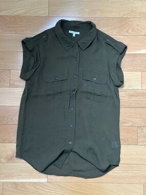 Madewell 100% Silk Utility Button-Down Shirt in Olive Green